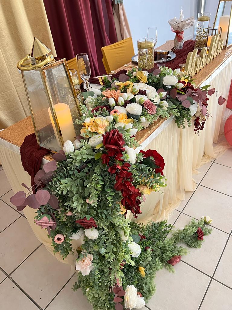 A table with flowers and candles on it