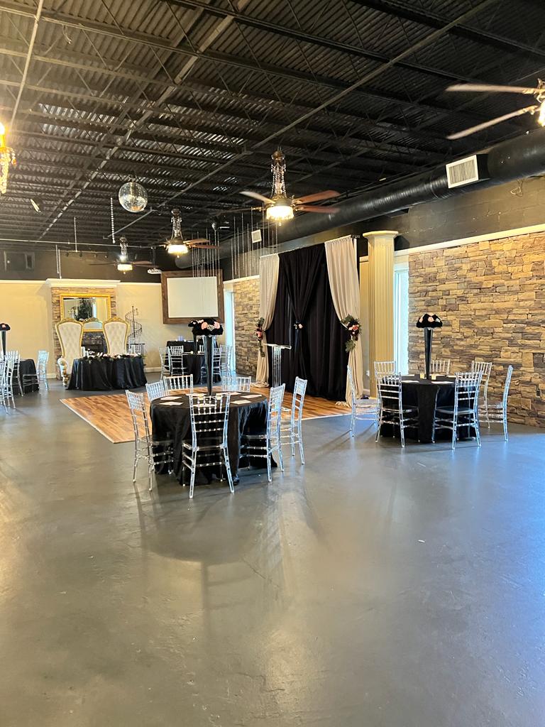 A room with chairs and tables in it