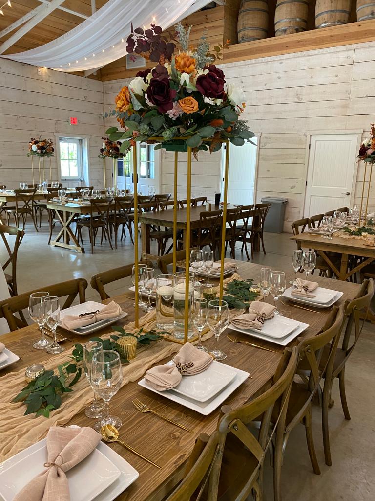 A table set up with plates and glasses