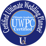 A blue circle with the words certified ultimate wedding planner and uwpce