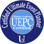 A blue circle with the words " certified ultimate event planner."