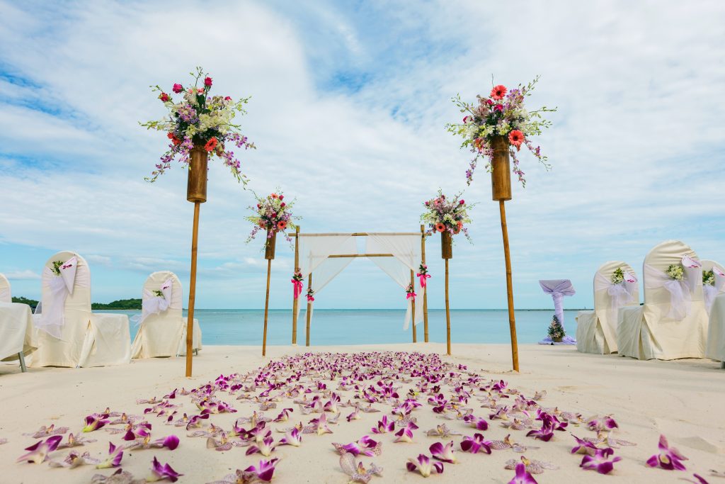 A beach with flowers and chairs on the sand