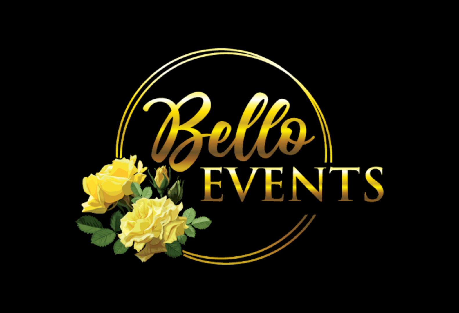 A black background with yellow flowers and the words bello events.